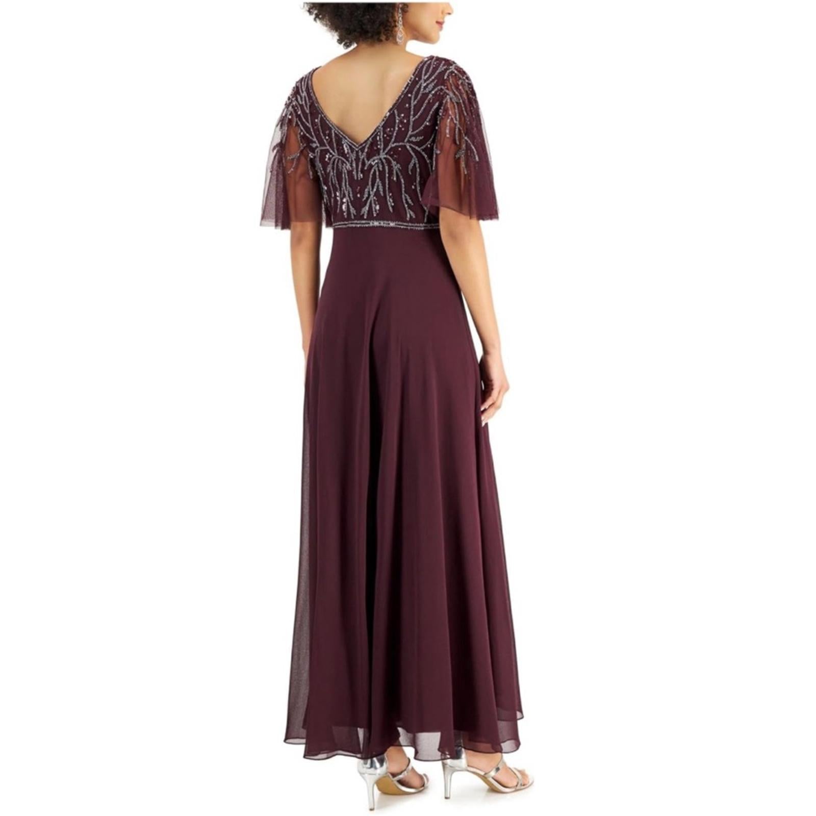 JKara Flutter Sleeve V-Neck Full-Length Dress, Burgundy Size 12 New w/Tag $319