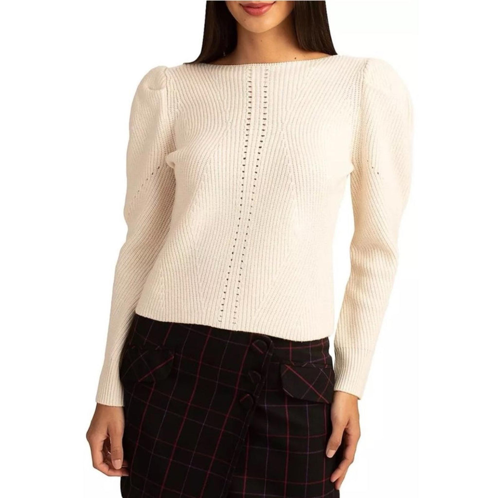 Trina Turk Dalhart Mixed-Stitch Puff-Shoulder Sweater in Ecru, Size L New w/Tag