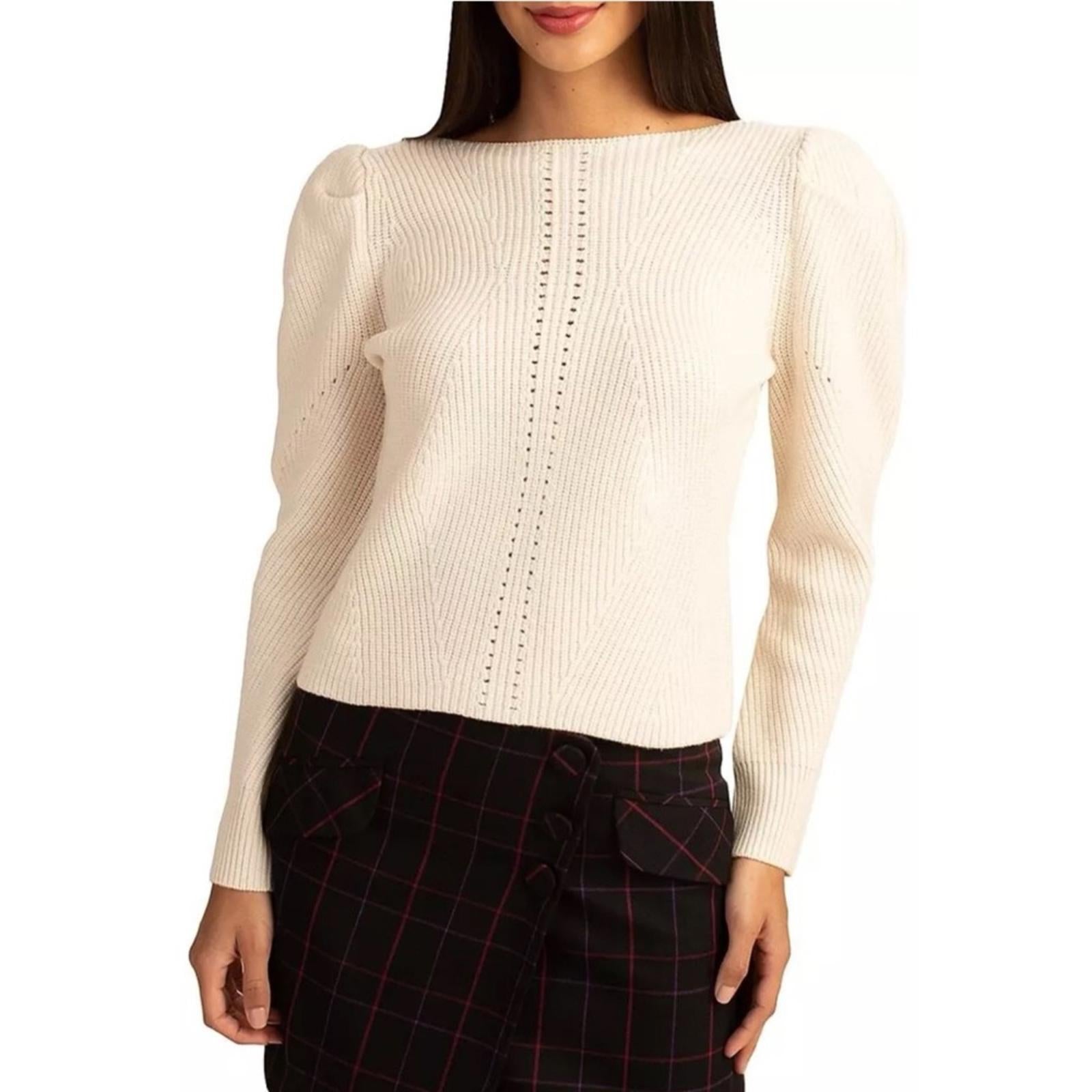 Trina Turk Dalhart Mixed-Stitch Puff-Shoulder Sweater in Ecru, Size L New w/Tag