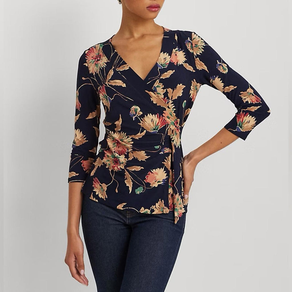 Lauren Ralph Lauren Floral Stretch Jersey Top in Navy Tan Multi Size 1X NWT