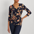 Lauren Ralph Lauren Floral Stretch Jersey Top in Navy Tan Multi Size 1X NWT