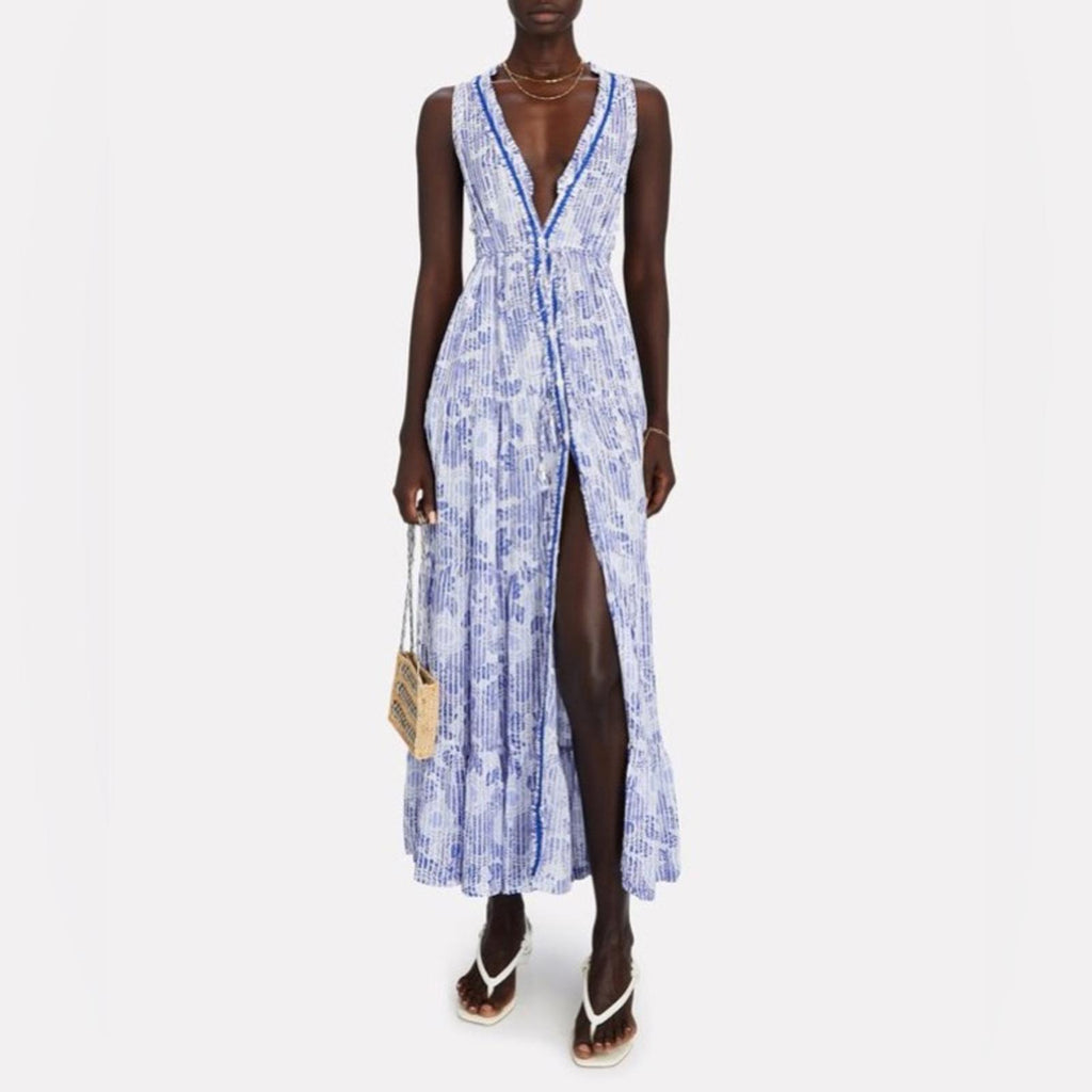Poupette St. Barth Nana Printed Maxi Dress Revolve Blue Begonia Size L New w/Tag
