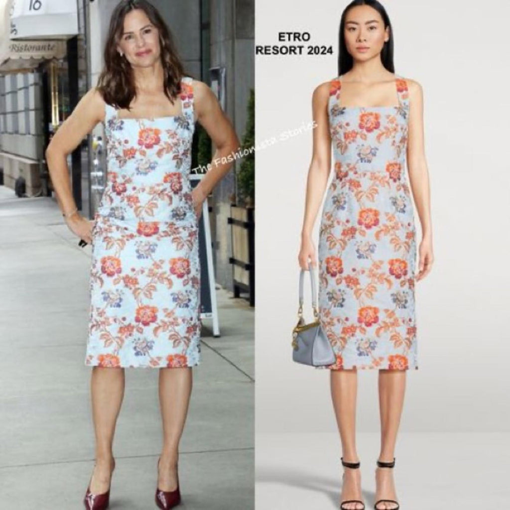 Etro Jacquard Floral Sheath Dress in Pale Blue Multi, Size 36, NEW $2300