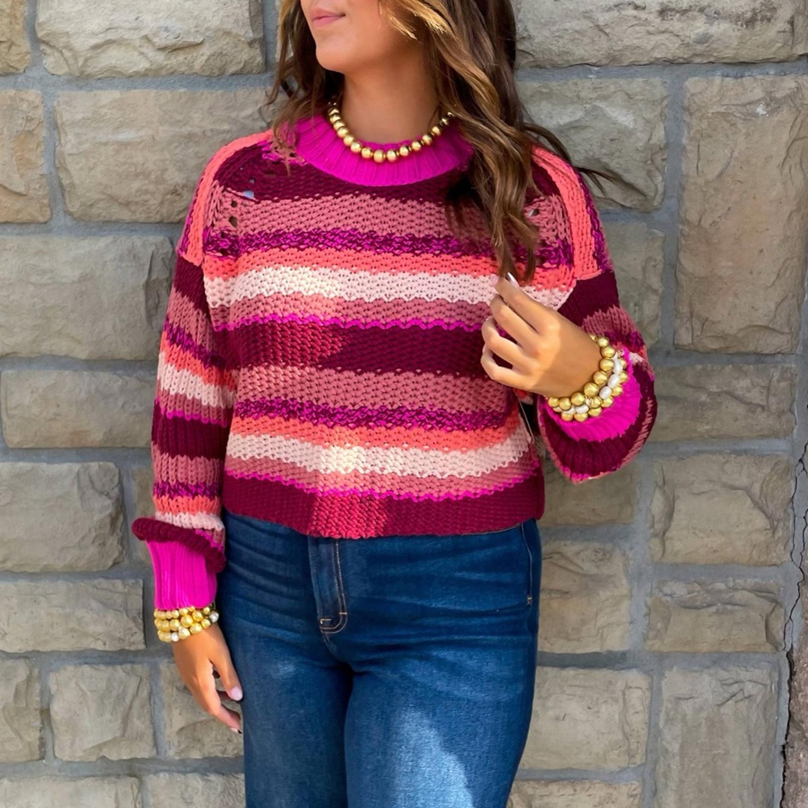 Free People Revolve* Devon Sweater, Fuchsia Rose Combo,  Size L New w/Tag