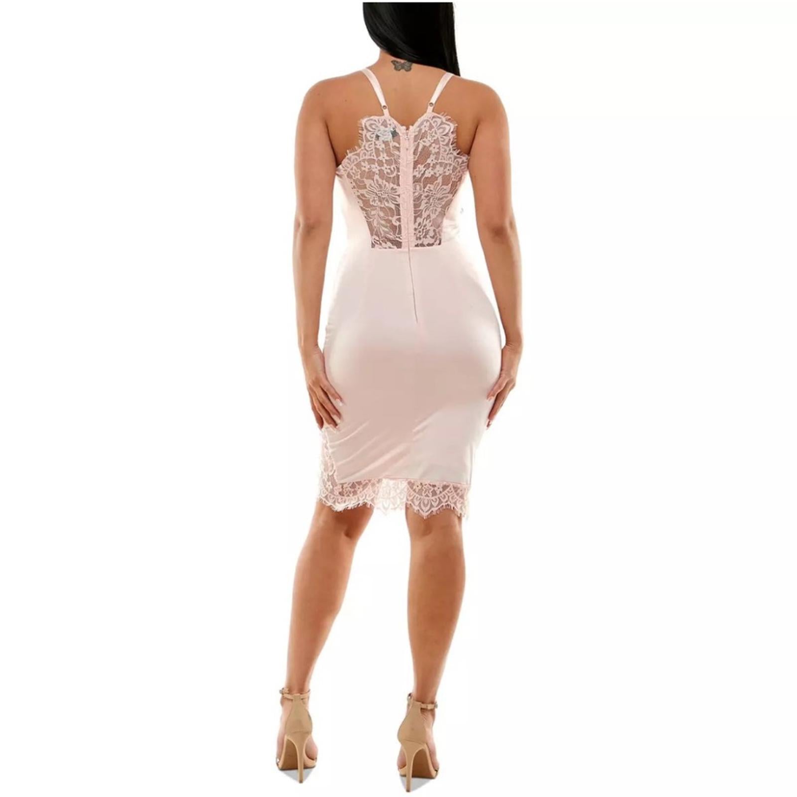 Bebe Lace Inset Sleeveless Eyelash Hem Bodycon Dress in Blush Pink, Size XL NWT