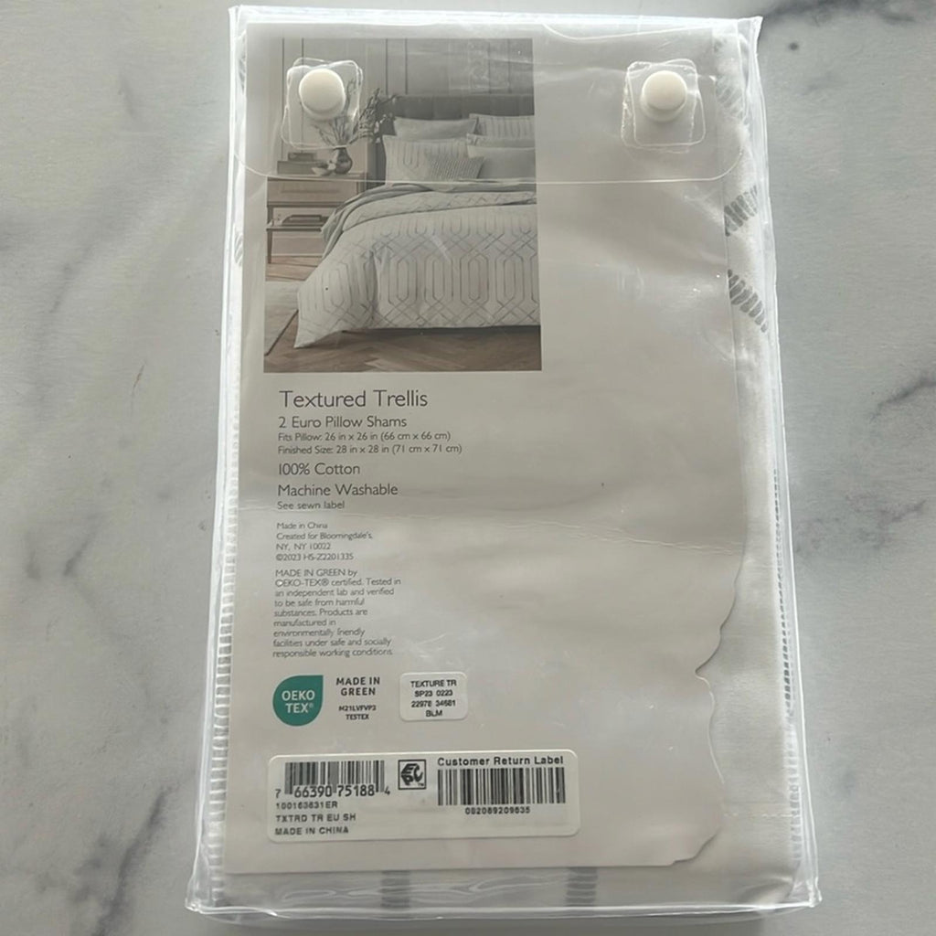 2 SKY Textured Trellis Euro Sham (1 Pair) in White/Grey, NEW