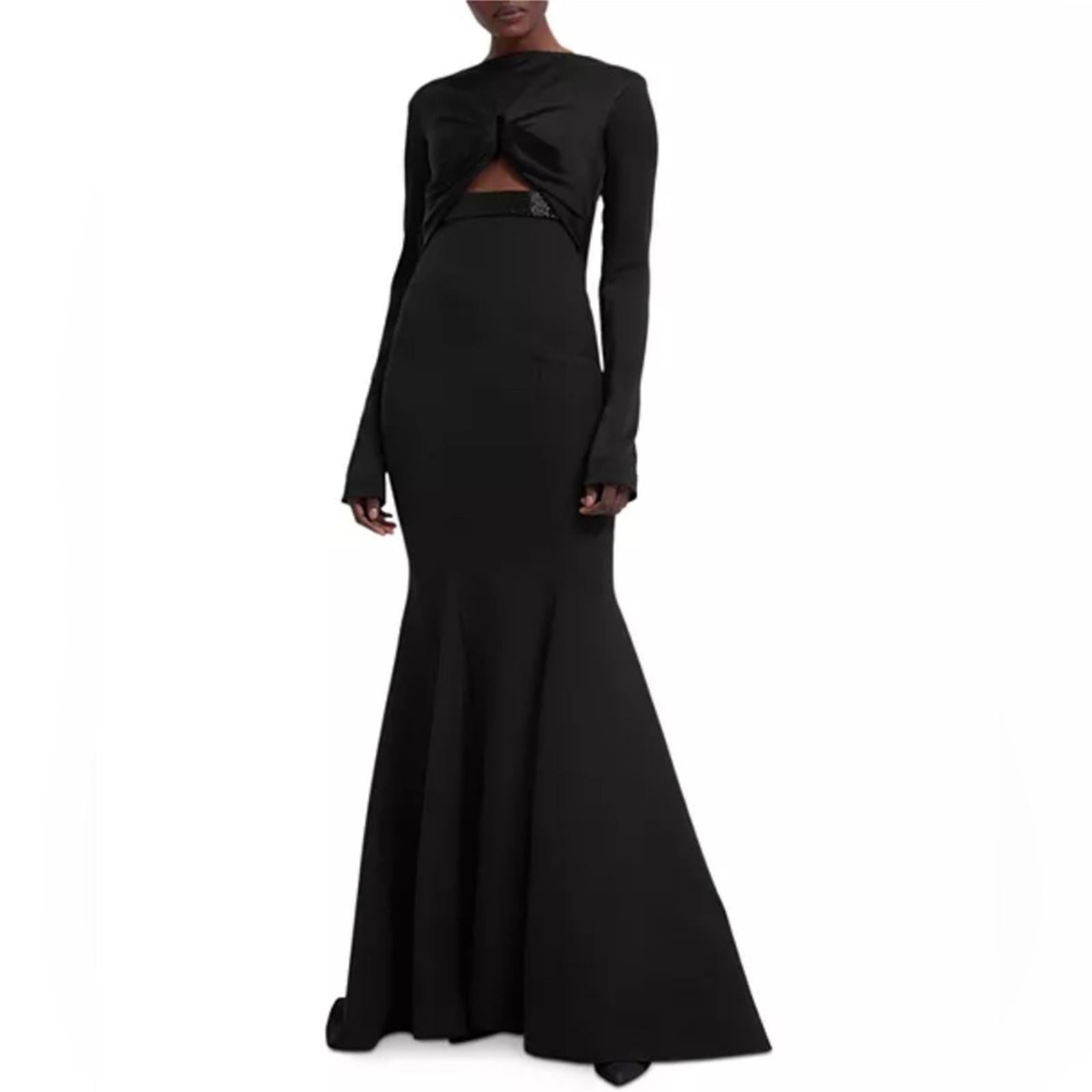 Safiyaa BLACK Cutout Beaded Belt Gown with Gun Metal New