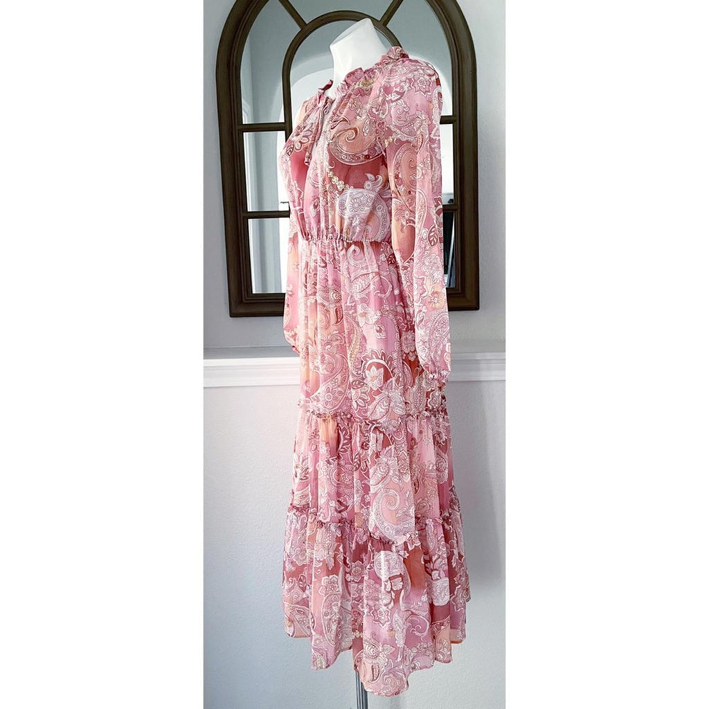 Aqua Chiffon Printed Tiered Maxi Dress, Pink Multi Size S New w/Tag Retail $118
