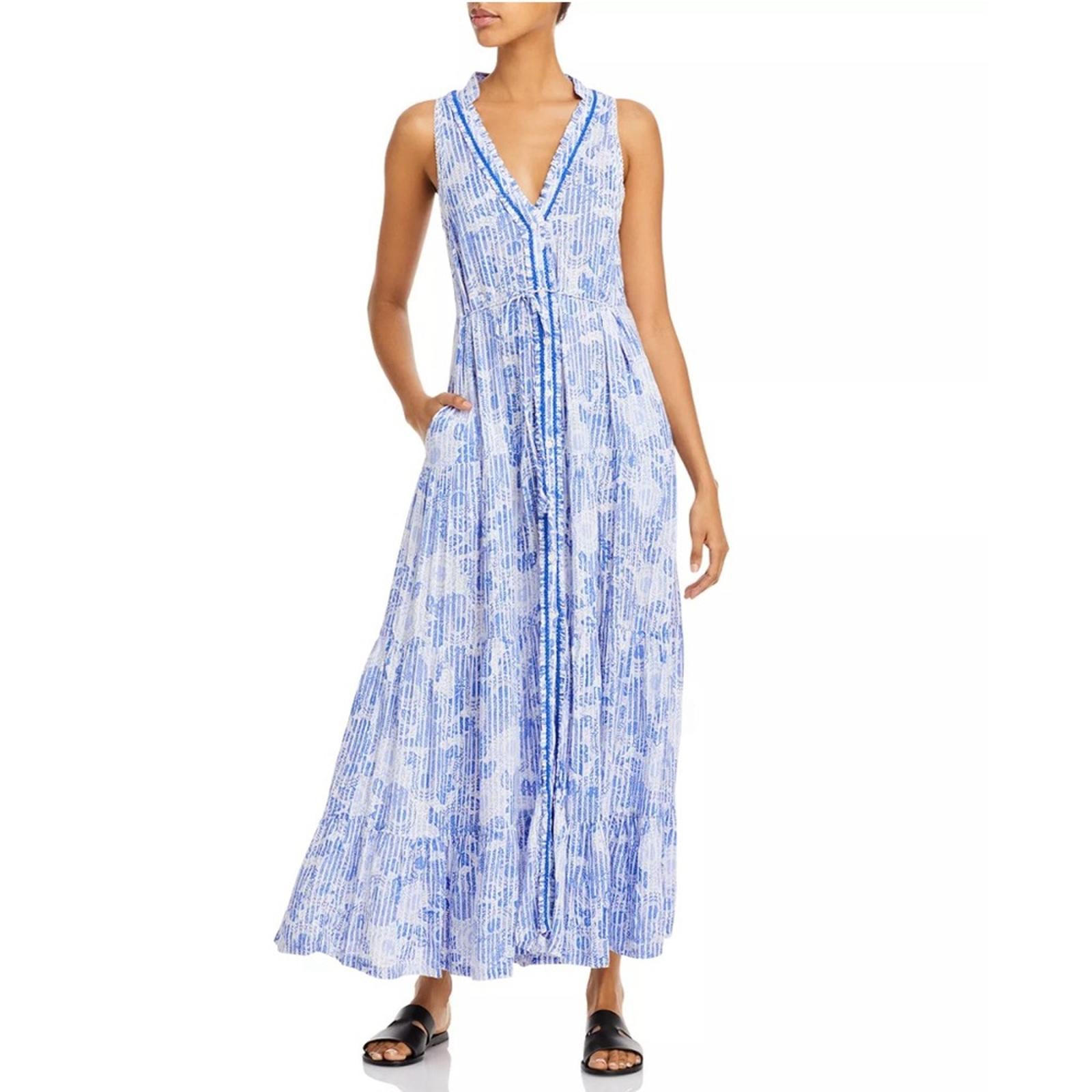 Poupette St. Barth Nana Printed Maxi Dress Revolve Blue Begonia Size L New w/Tag