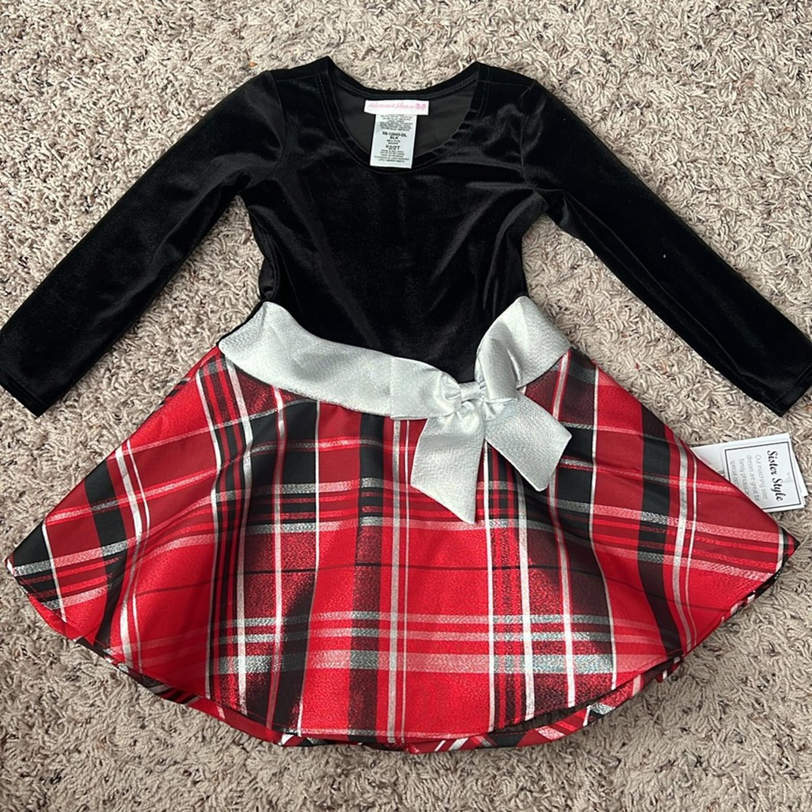 Bonnie Jean Long Sleeve Velvet Bodice w/Plaid Skirt Dress, Red Black 2/2T NEW