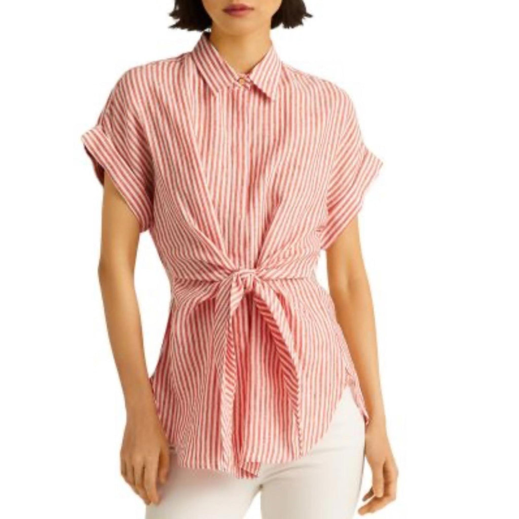 Lauren Ralph Lauren Striped Tie Front Linen Shirt in Red/White, Size 2X, NEW