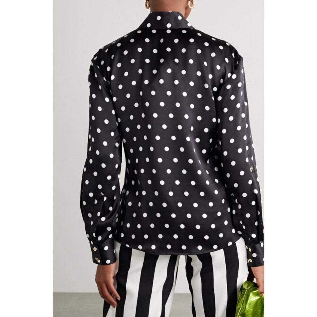 Sergio Hudson Polka Dot Silk Charmeuse Button-Up Blouse, Black/White XL NWT $795