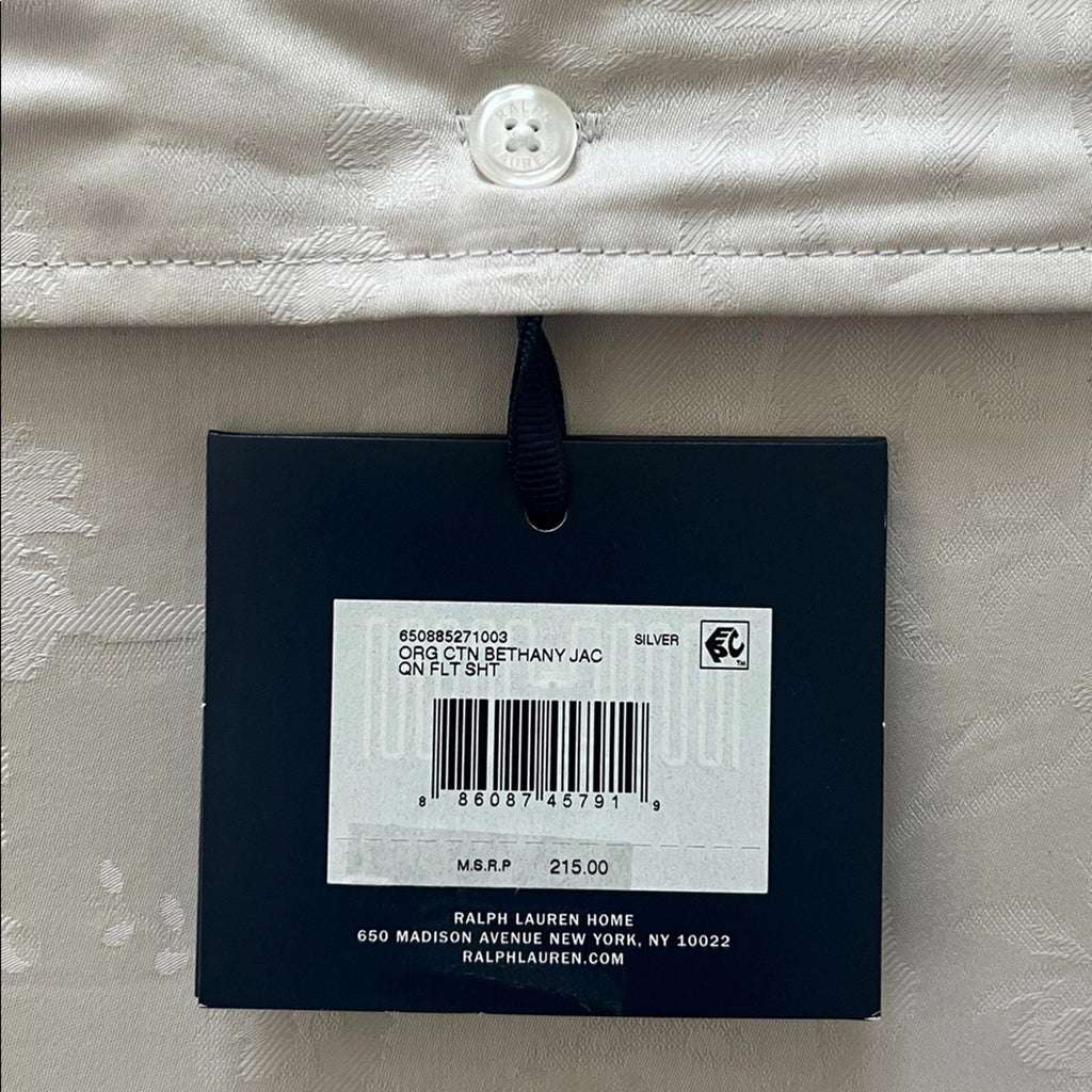 Ralph Lauren Home Organic Cotton Bethany Jacquard Silver Queen Flat Sheet, NWT
