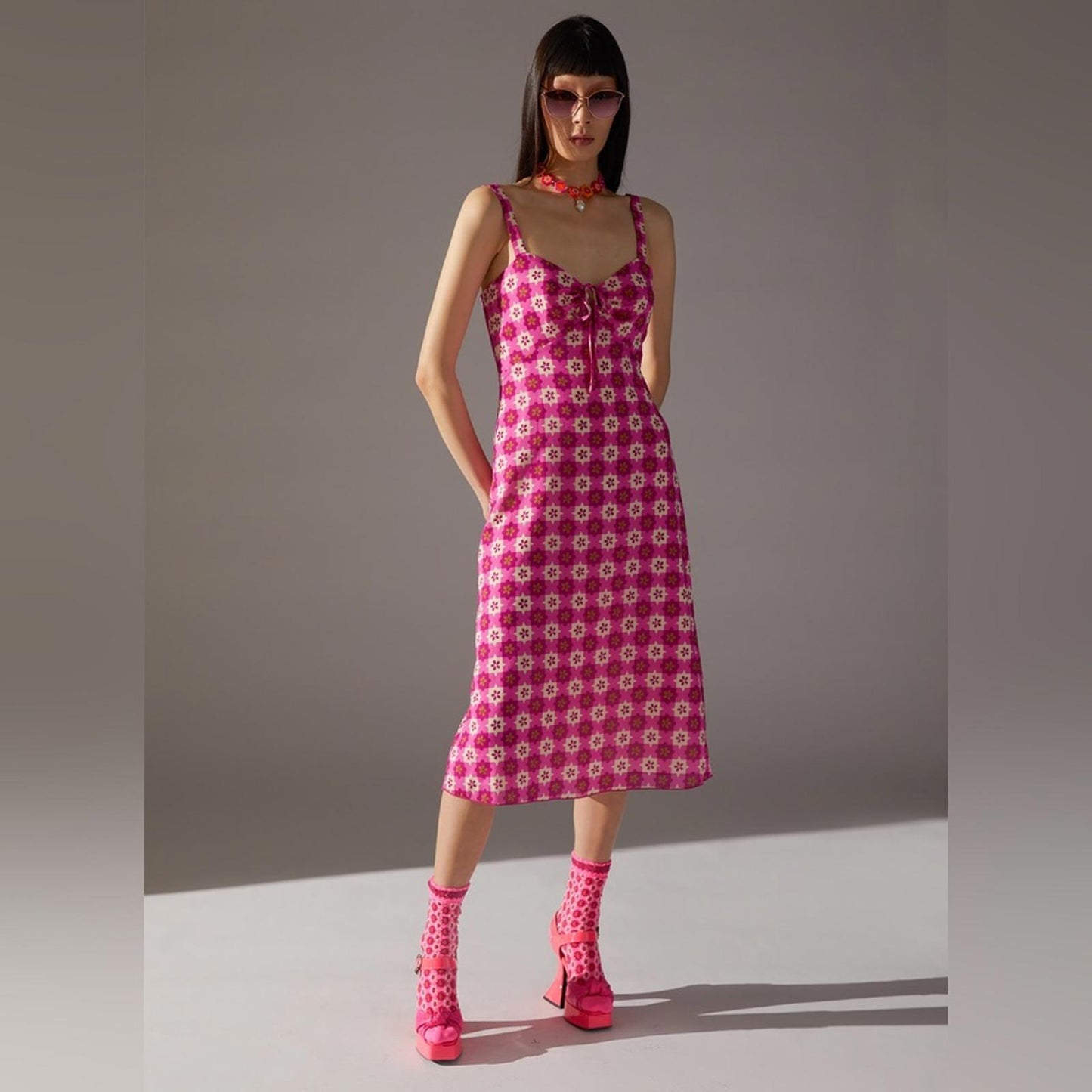 $518 Anna Sui Utopian Gingham Cotton Slip Dress in Neon Pink, Size 2