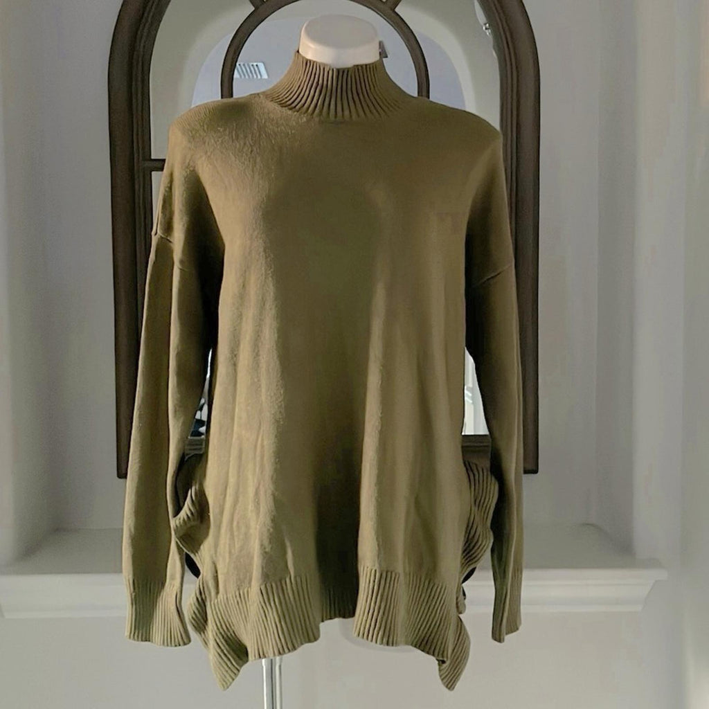 Cupio Ribbed Trim Ruffled Mock Turtleneck Sweater in Olive, Size L New w/Tag