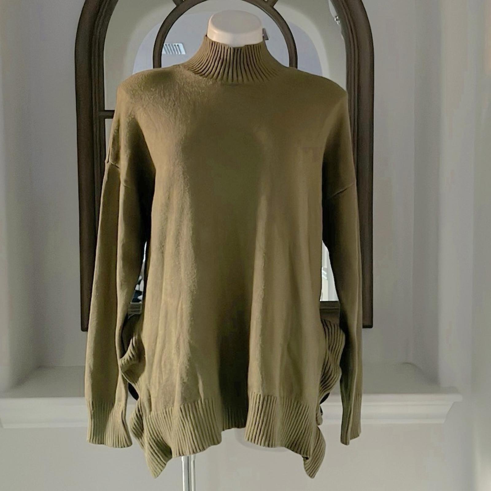 Cupio Ribbed Trim Ruffled Mock Turtleneck Sweater in Olive, Size L New w/Tag