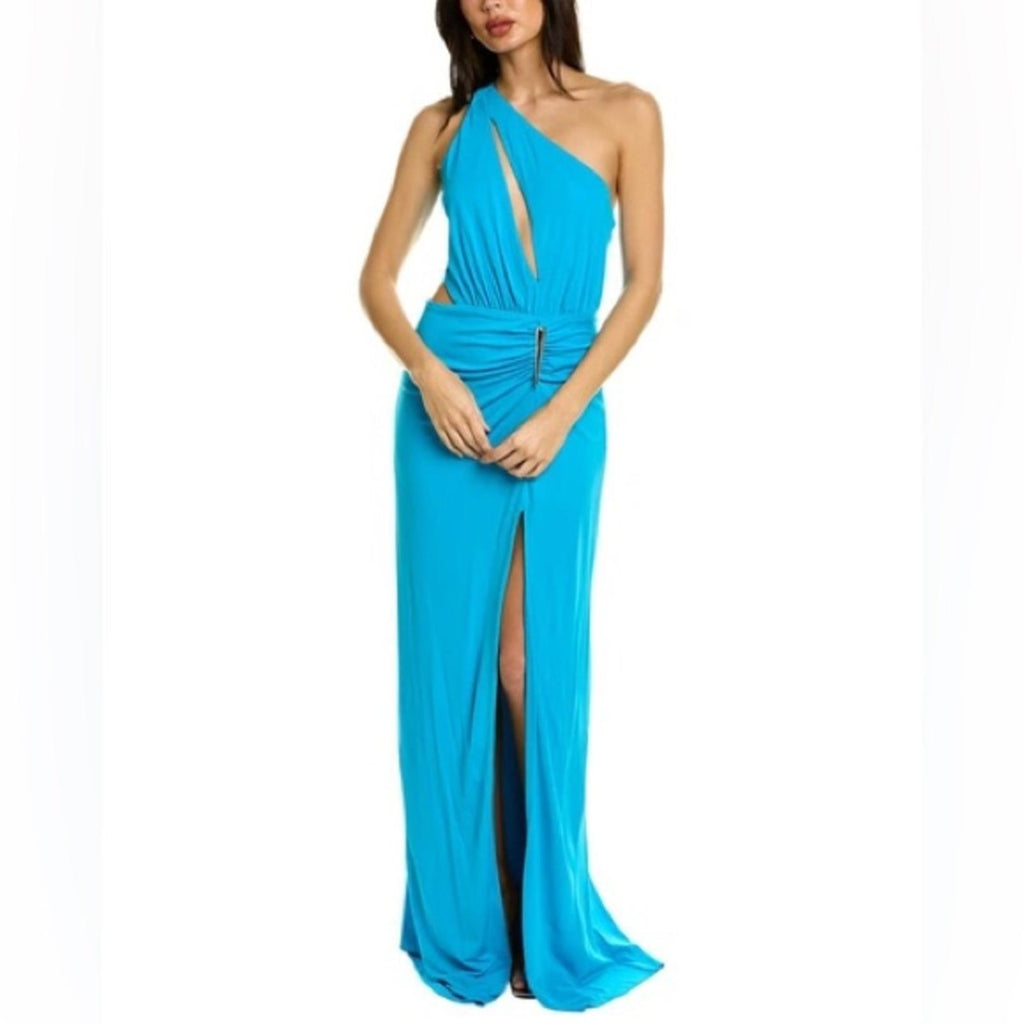 Halston Ivanna Gathered Asymmetric Cut-Out Gown, Aqua/Blue Size 4 New w/Tag