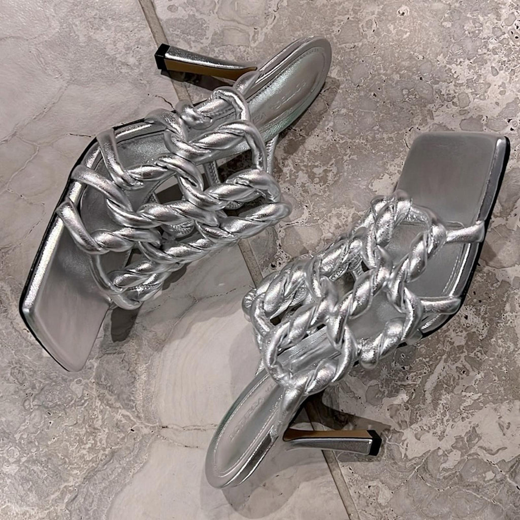 Bottega Veneta Stretch High Heel Slide Sandals in Silver Size 37.5 NEW+2DustBags