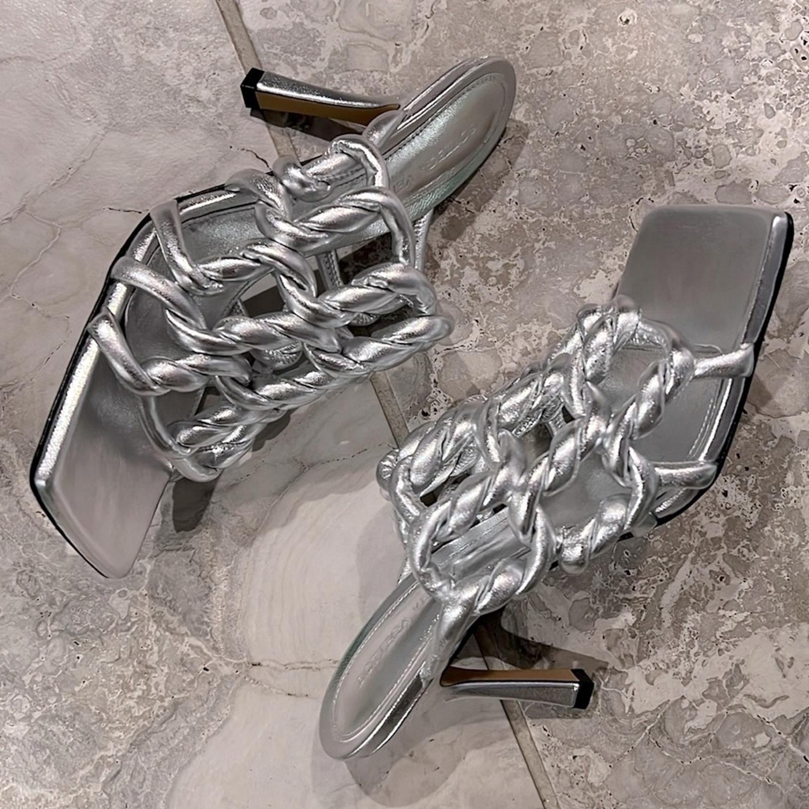 Bottega Veneta Stretch High Heel Slide Sandals in Silver Size 37.5 NEW+2DustBags