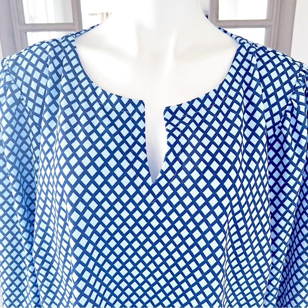 Talbots Smocked Cuff Blouse Trellis Print in Blue, Plus Size 3X NEW w/o Tag