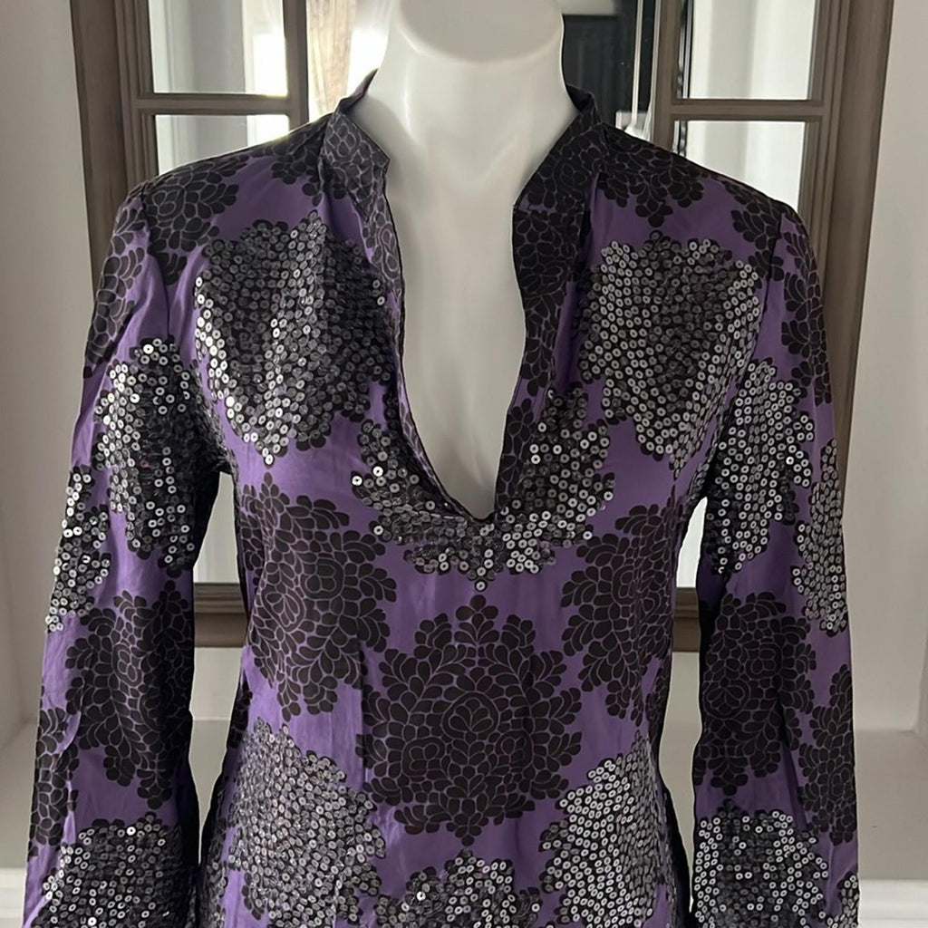 Tory Burch Black Flowers Blouse, Tunic in Purple Grey Size 8
