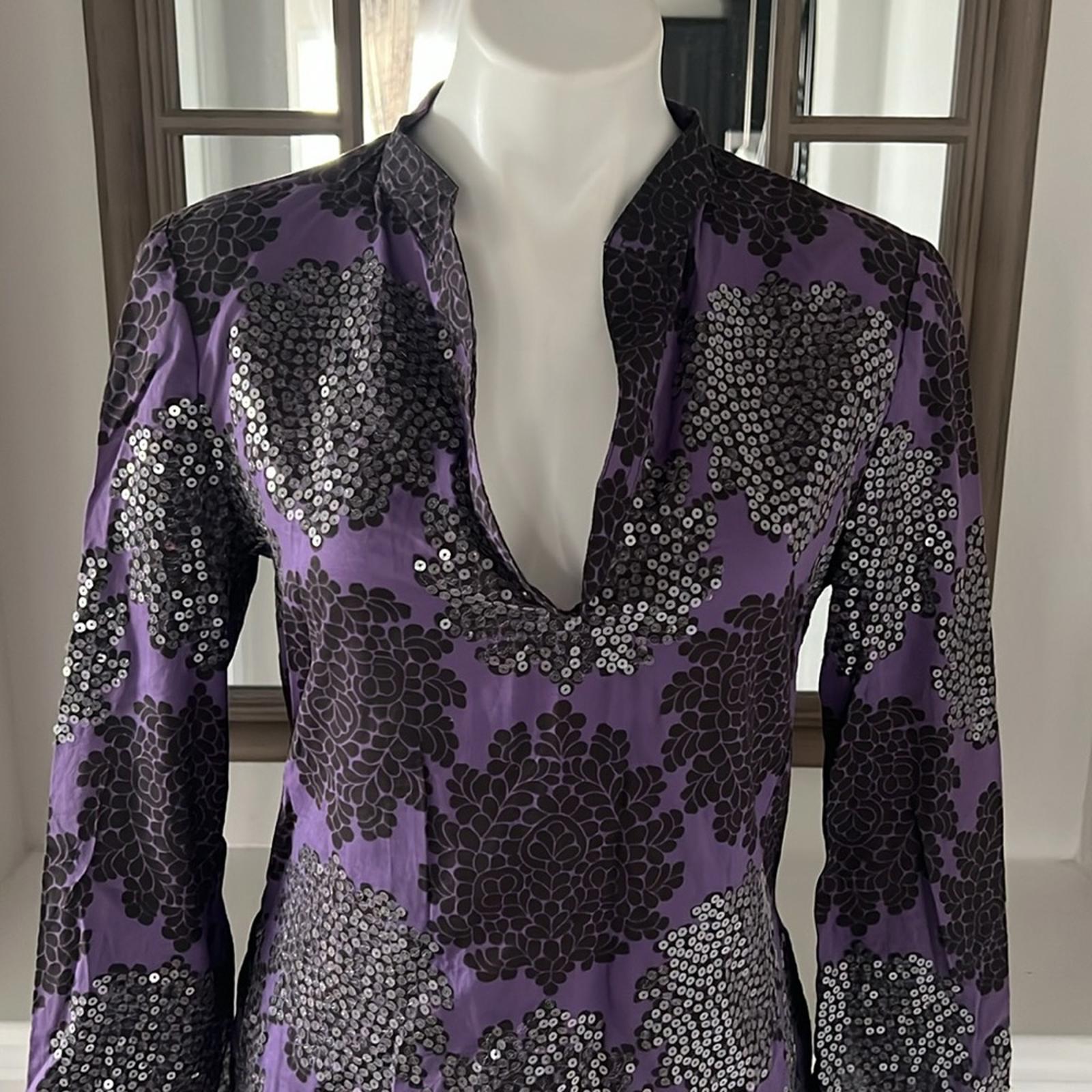 Tory Burch Black Flowers Blouse, Tunic in Purple Grey Size 8