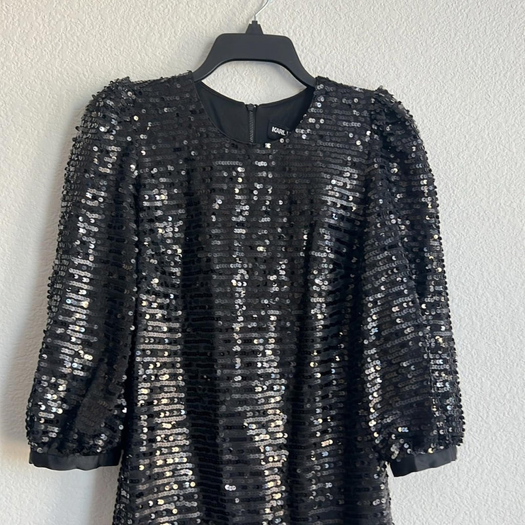 Karl Lagerfeld Sequin Puff Sleeve Shift Dress in Black, Size 0 New w/Tag