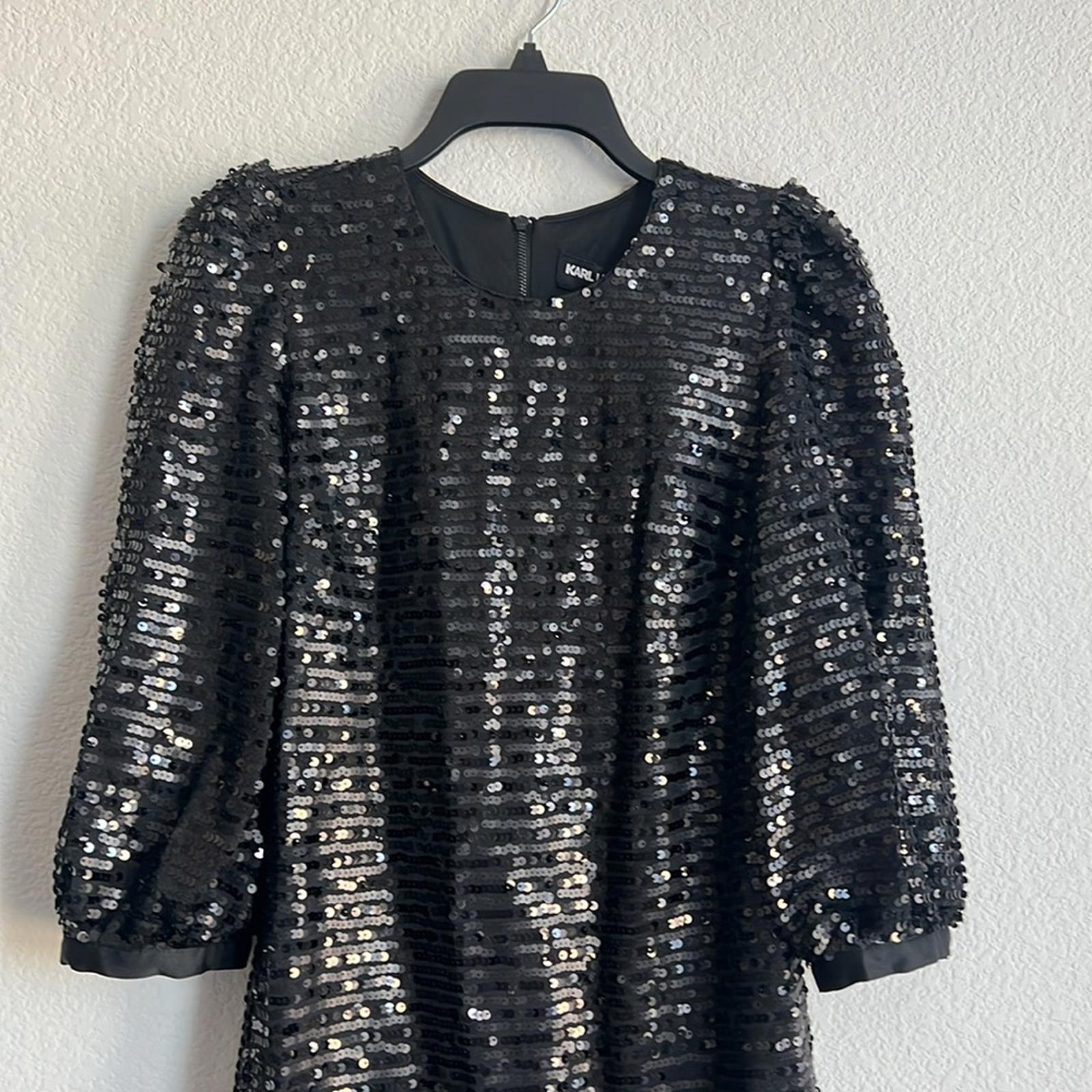 Karl Lagerfeld Sequin Puff Sleeve Shift Dress in Black, Size 0 New w/Tag