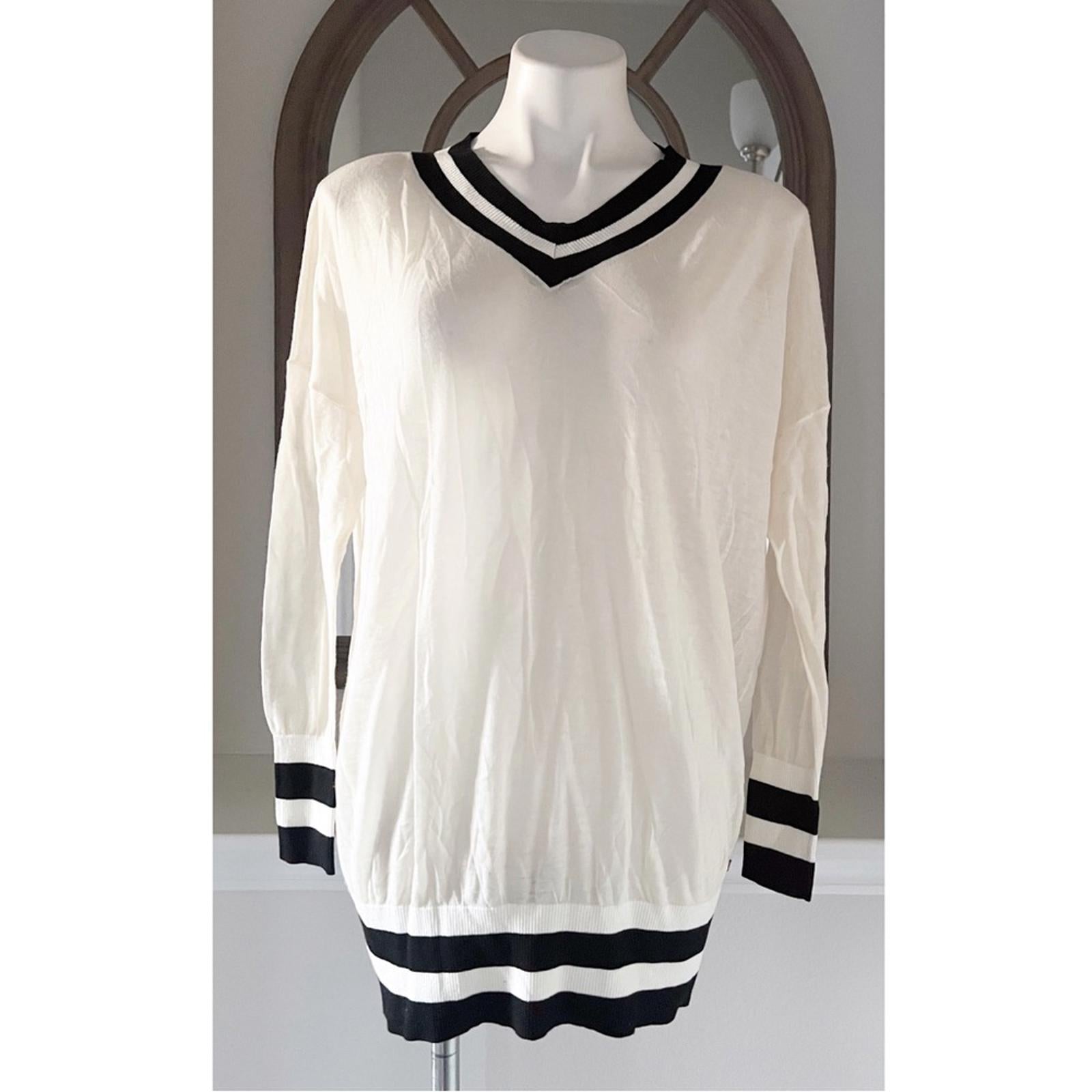 n:Philanthropy Wool V-Neck Lightweight Sweater, White & Black EXCELLENT! $178
