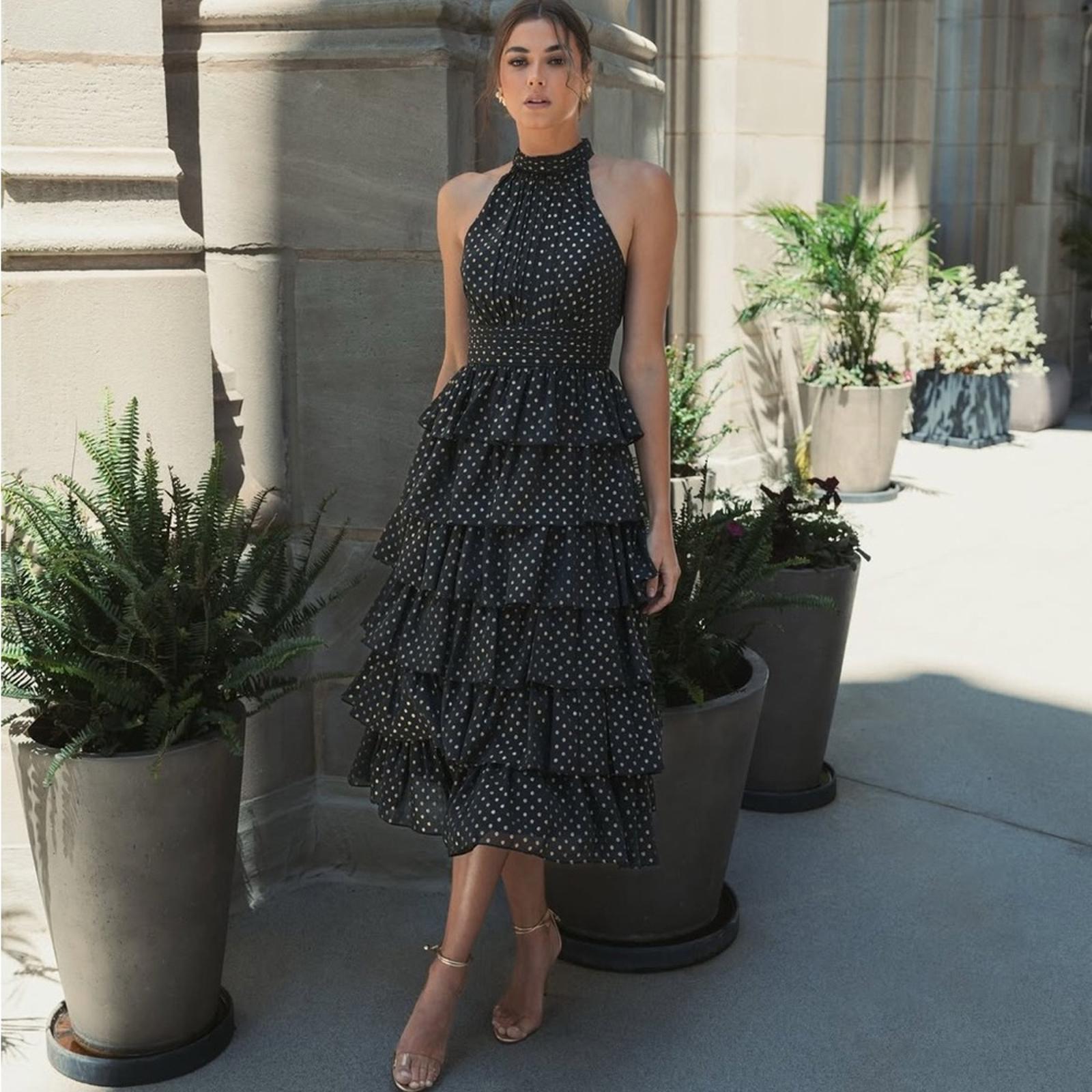 Mac Duggal Black Layered Polka Dot Cocktail Dress in Black/Gold, NWT, Size 8