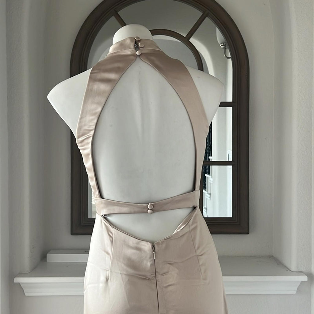 NEW Lovely High Neck Backless Maxi Dress With Slim Belt, Champagne Size 2, $242