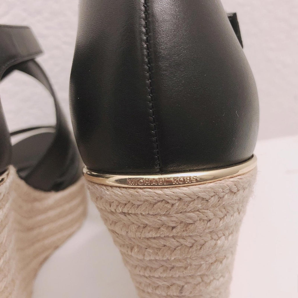 NEW Michael Kors Leather Wedge Sandals Espadrilles Black, Size 9.5 Retail $139