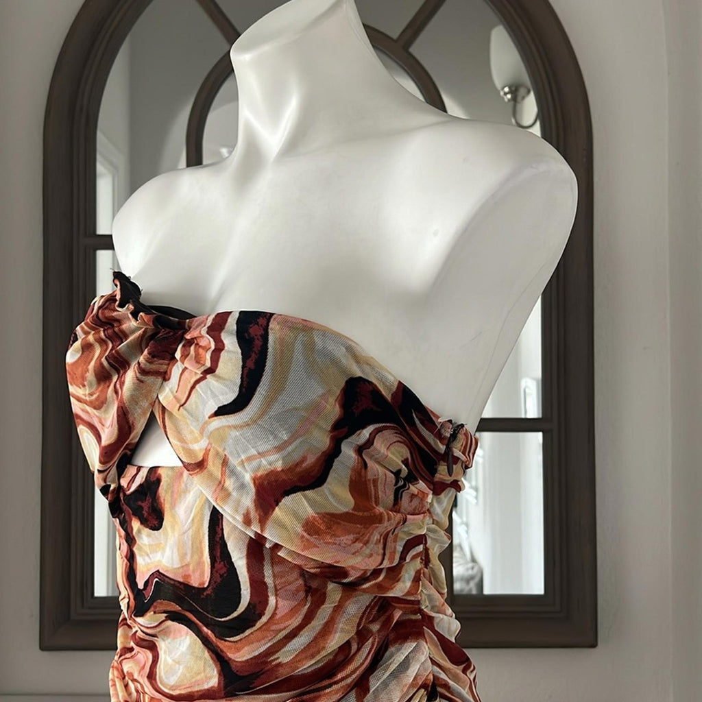 New EN SAISON Esther Ruched Cut-Out Midi Dress in Brown Size L NWOT Retail $136