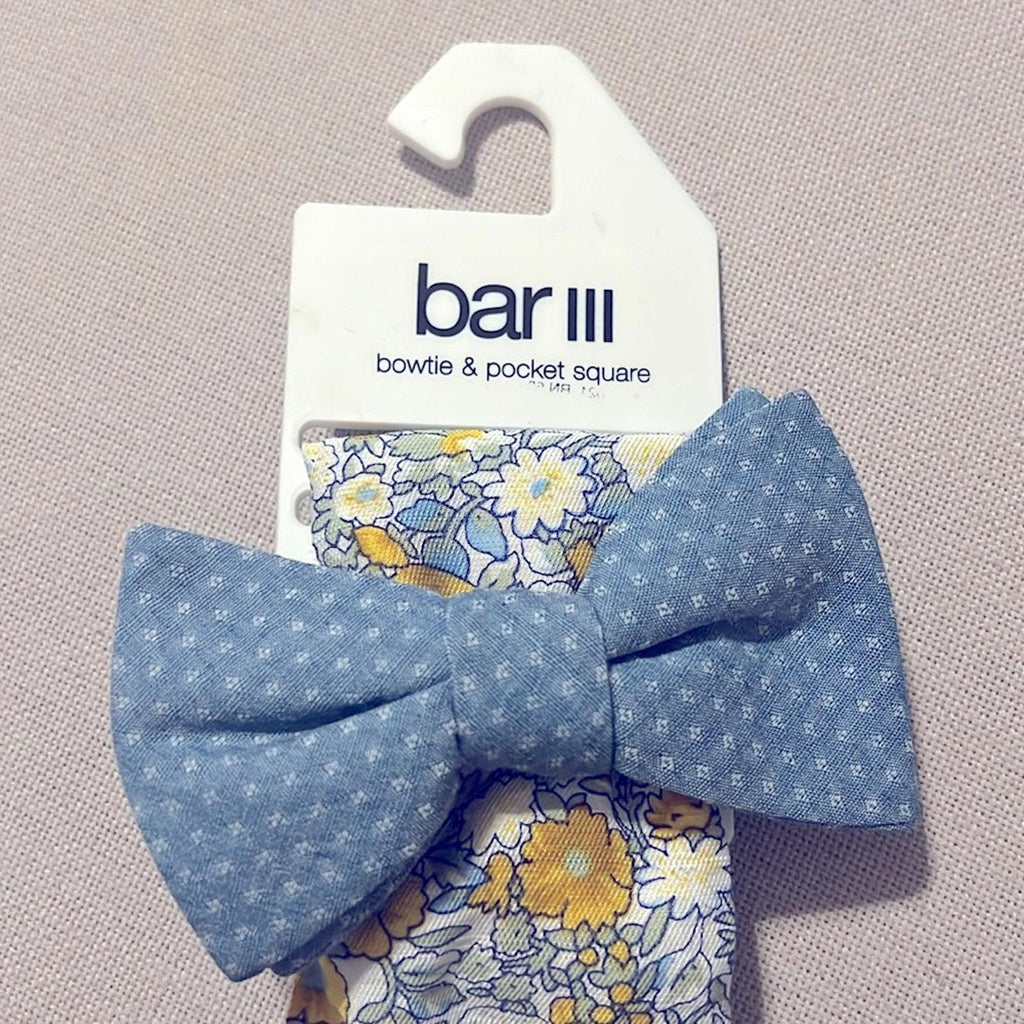 Bar III Bowtie & Pocket Square, Blue Diamond & Floral Style 13S22-1000 New w/Tag