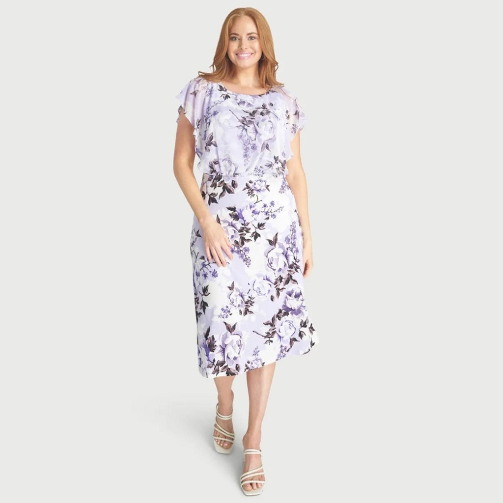 Connected Apparel Daphne Lavender Floral Chiffon Popover Dress, Petite Size 14