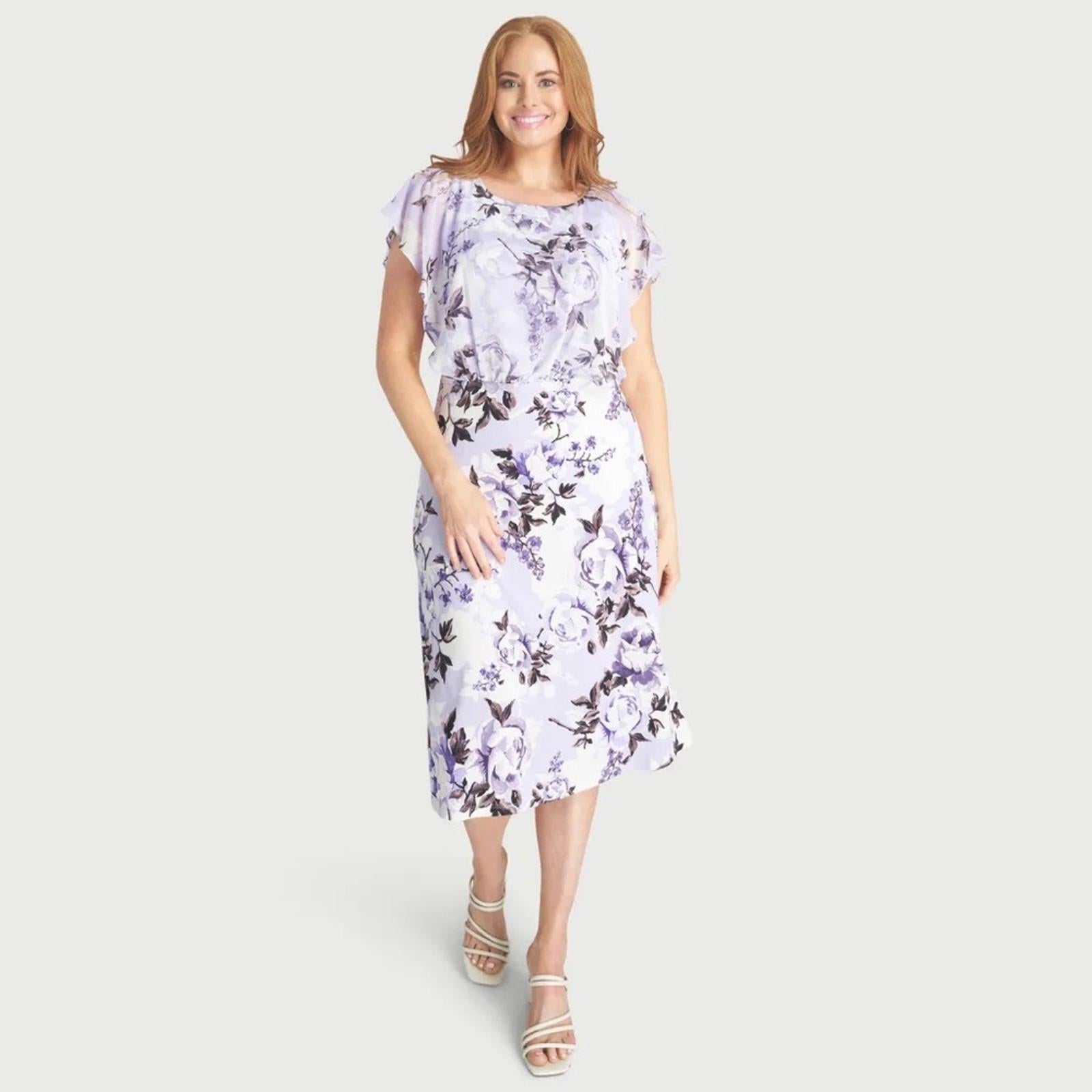 Connected Apparel Daphne Lavender Floral Chiffon Popover Dress, Petite Size 14
