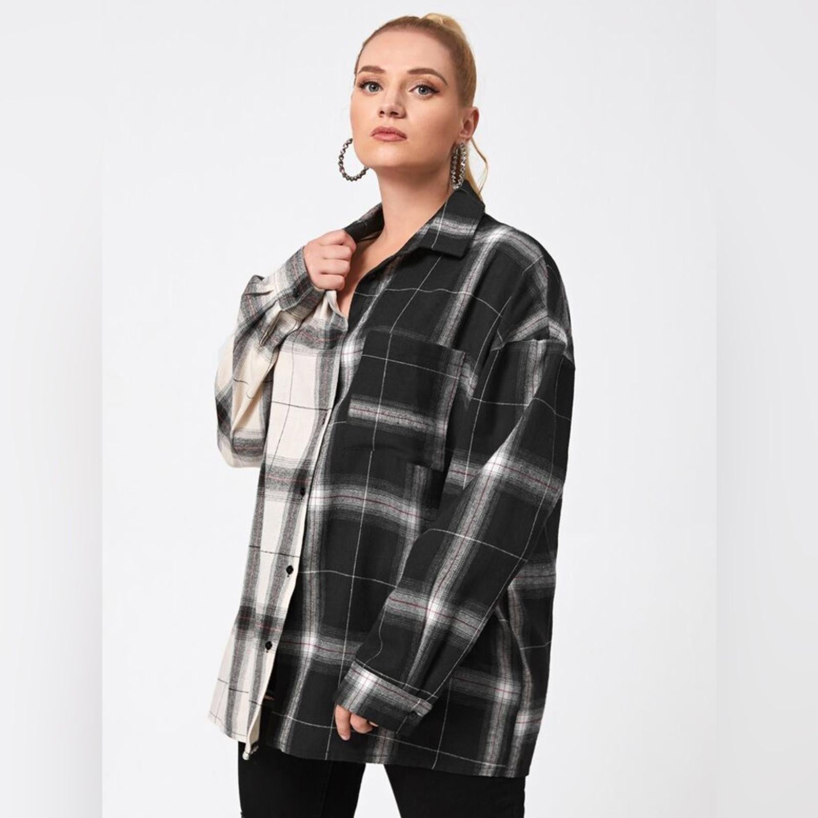 NEW LOOK Plaid Button Up Shirt in Black & White Size 1X New w/Tag