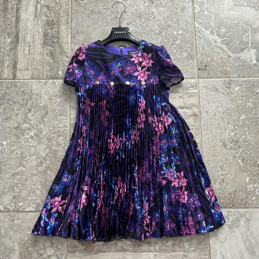 Versace Orchid Barocco Kids Pleated Dress, NWT, Girls Size 12 Retail $795