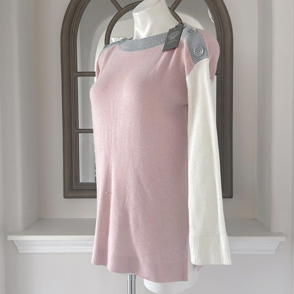 NEW Vince Camuto Button Detail Slitted Sides ColorBlock Sweater Soft Pink Size S