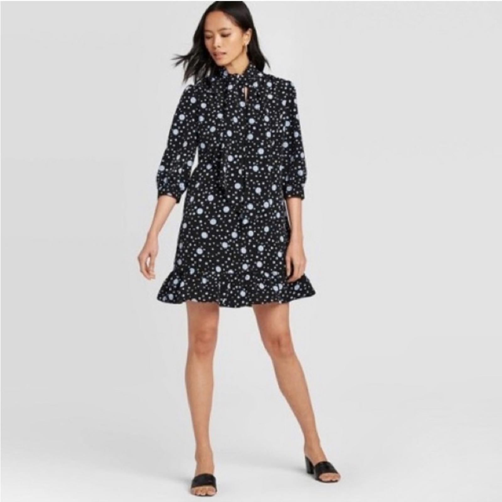 Who What Wear Polka Dot High Neck Shift Mini Dress Size L, New w/o Tag