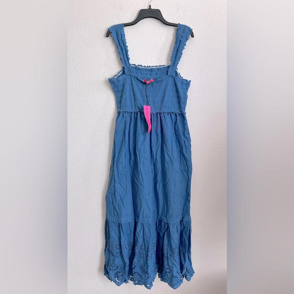 Betsey Johnson Smocked Embroidered Eyelet Midi Dress in Federal Blue, Size XL