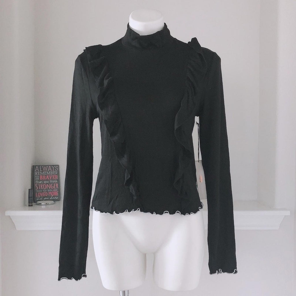 June & Hudson Mock Neck Sweater w/Ruffles Black w/ White Trim Size XL New w/Tag