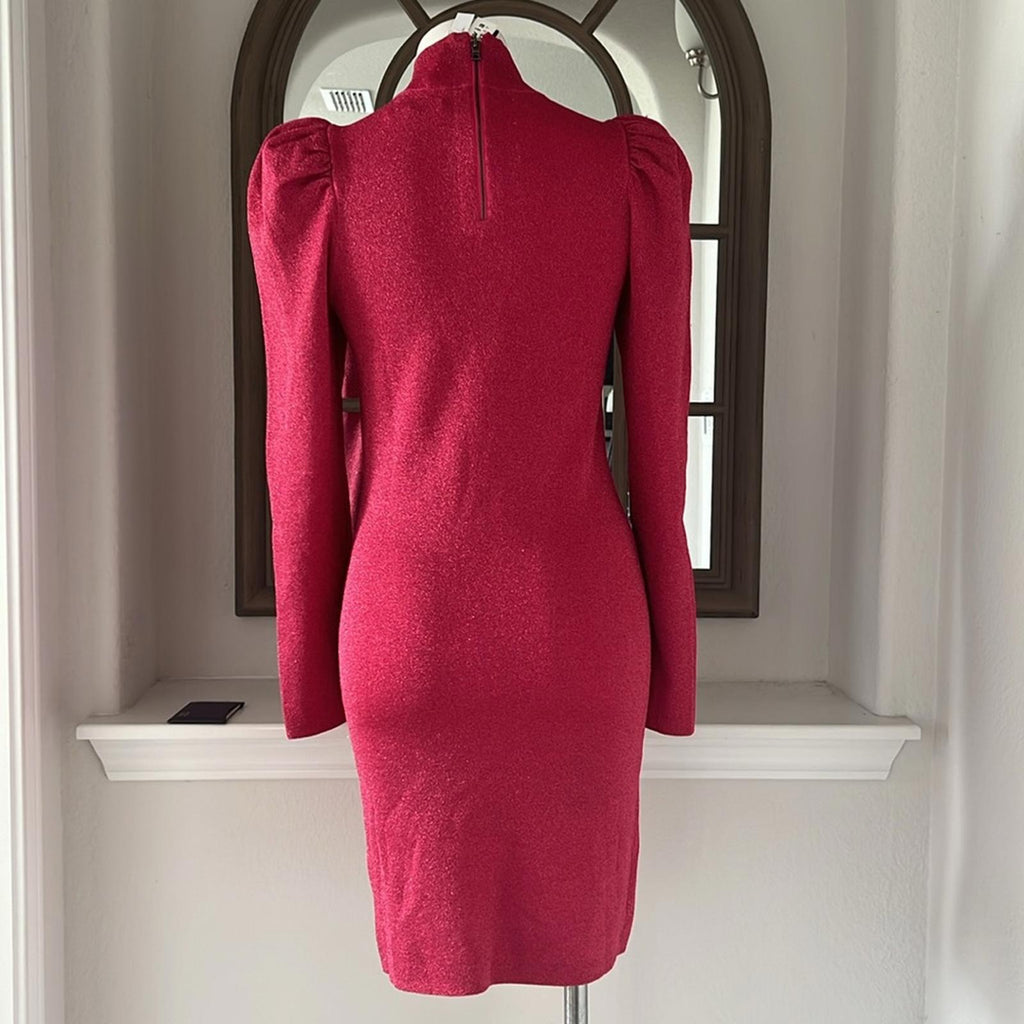 Alice+Olivia Issa Turtleneck Puff Sleeve Dress, Pink Metallic Size L NWT $395