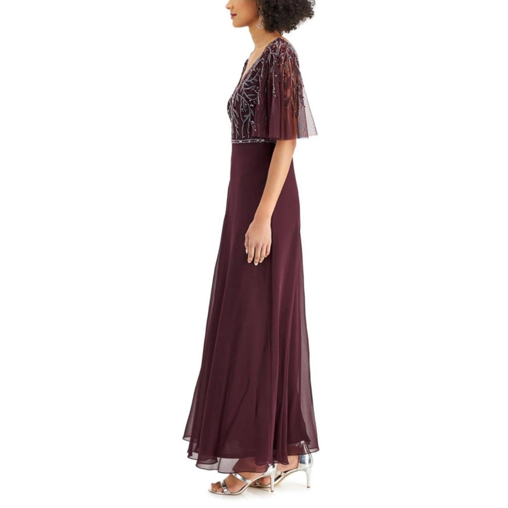 JKara Flutter Sleeve V-Neck Full-Length Dress, Burgundy Size 12 New w/Tag $319