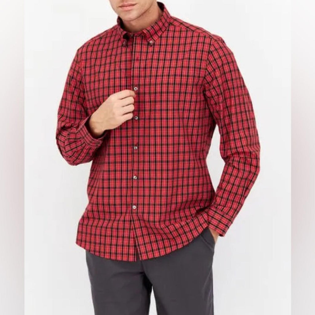 Club Room Men's Slim Fit Plaid Dress Shirt in Red/Black, NWT, Size S