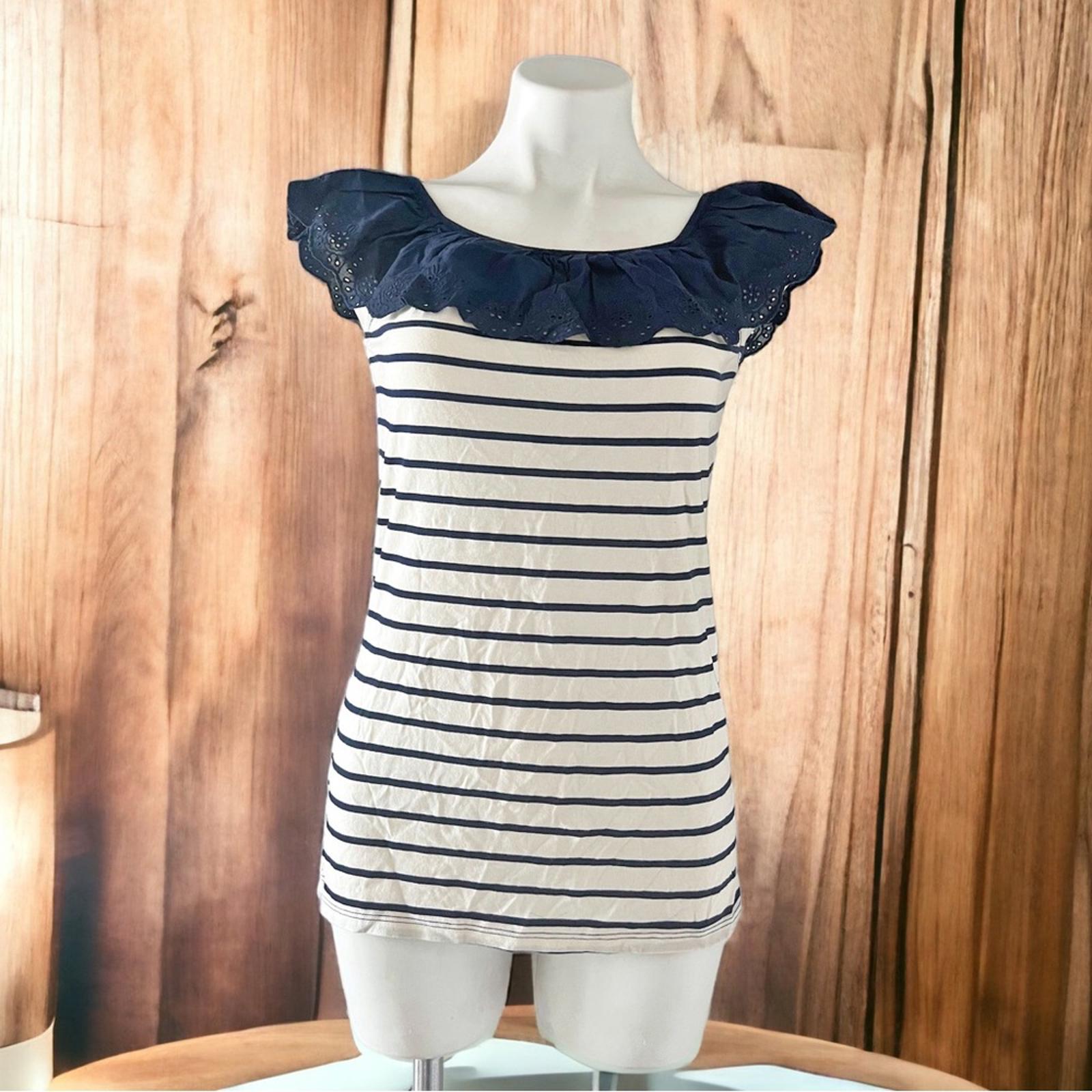 Lauren Ralph Lauren Striped Eyelet Ruffle Top, Cap Sleeve Round Neck Size XL NWT