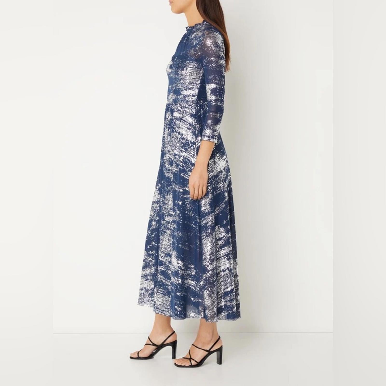 TED BAKER Iggiey Metallic Burnout Midi Dress, 3/4 Sleeves Navy Size 4 US 10 NWT