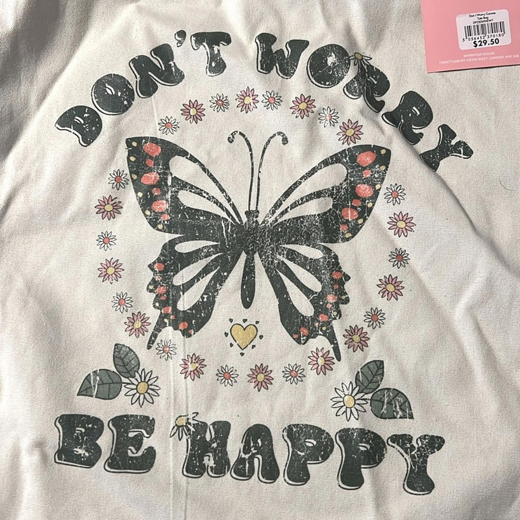 Skinnydip London “DON’T WORRY BE HAPPY” Canvas Medium Tote Bag, New w/Tag