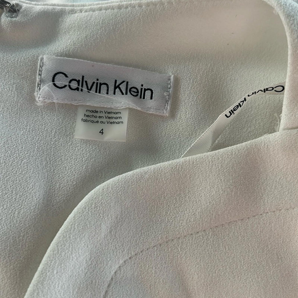Calvin Klein WHITE Zippered 3/4 Sleeve V-Neck Midi Sheath Dress, Size 4 NWT $134