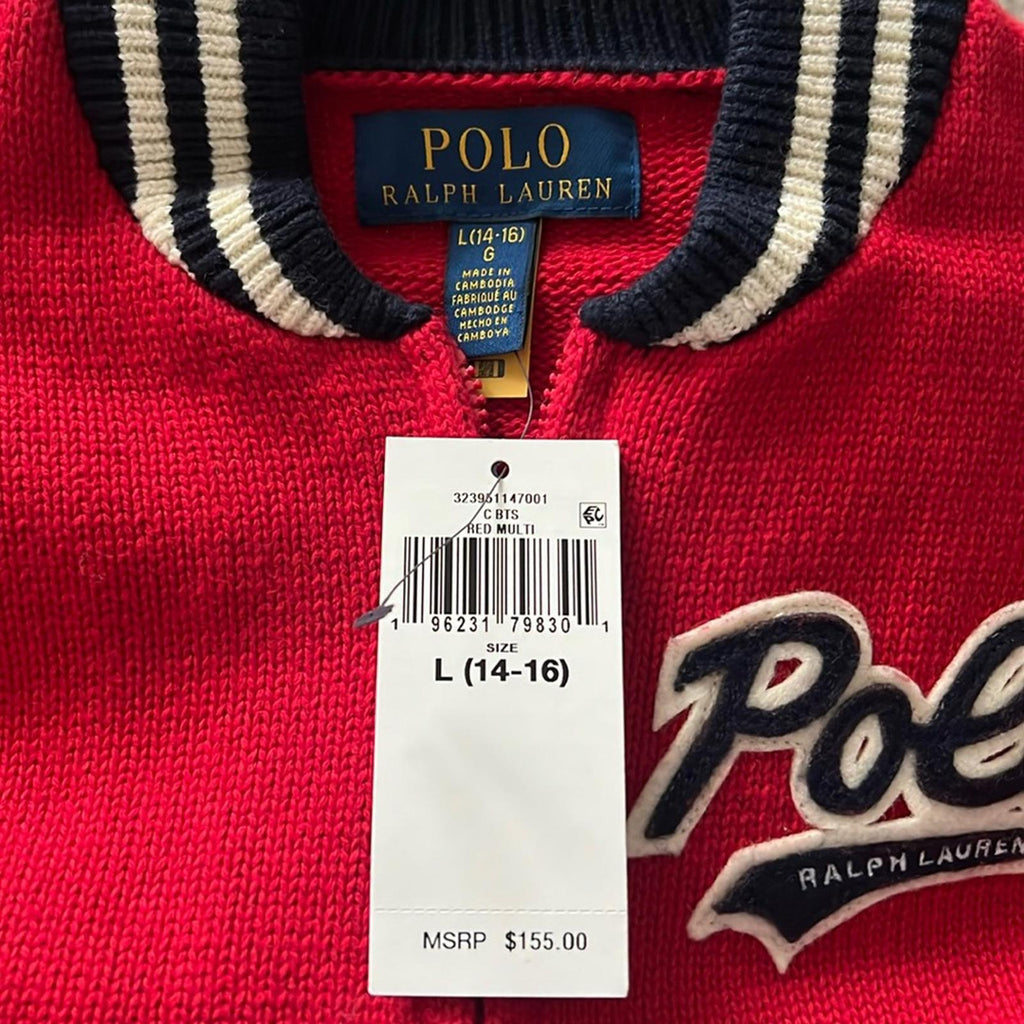 Polo Ralph Lauren Cotton Full-Zip Letterman Sweater Jacket Size L (14/16) NWT